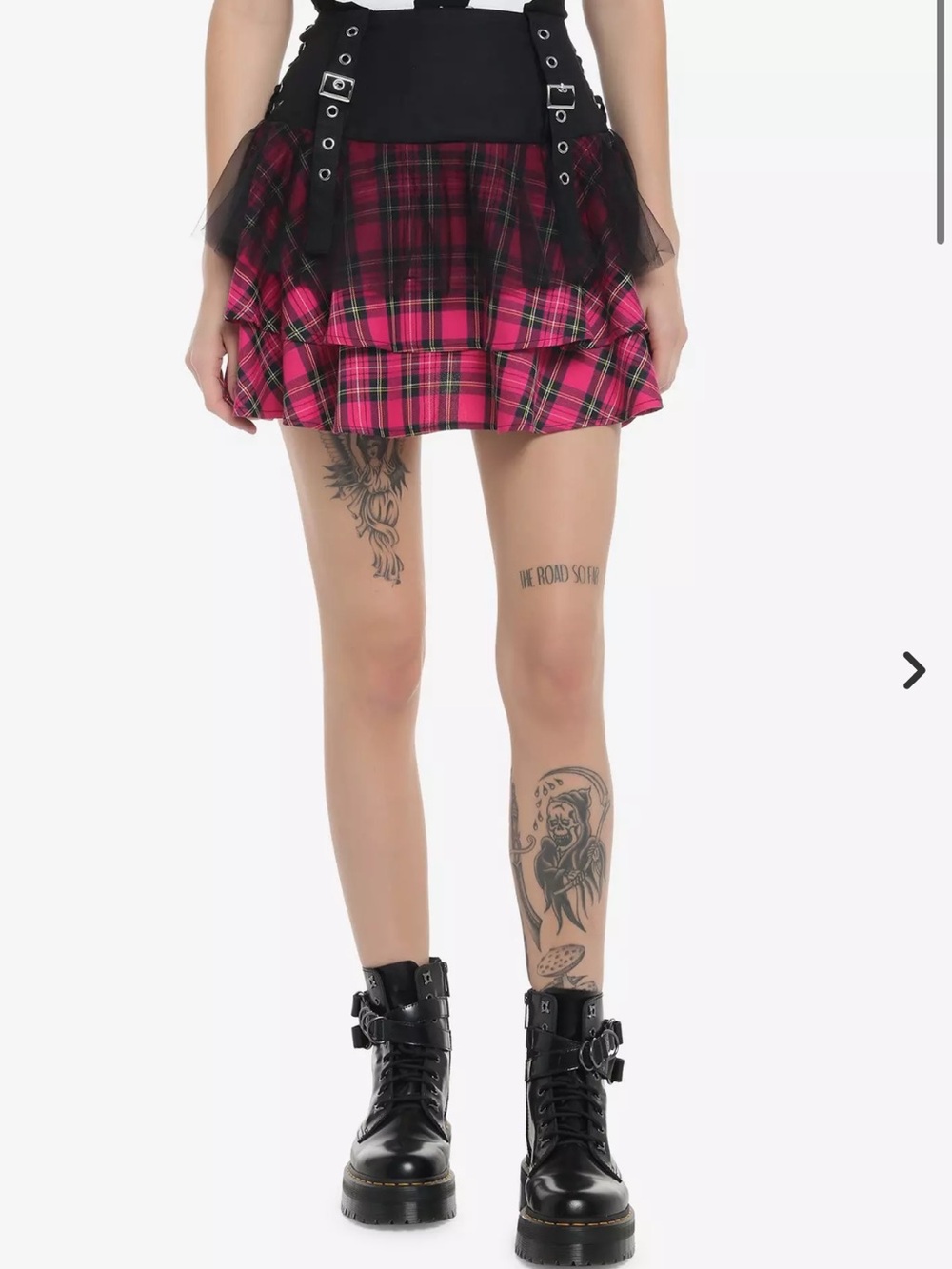 Social Collision (Hot Topic) Black Pink Tartan Plaid Mesh Buckle Mini Skirt M